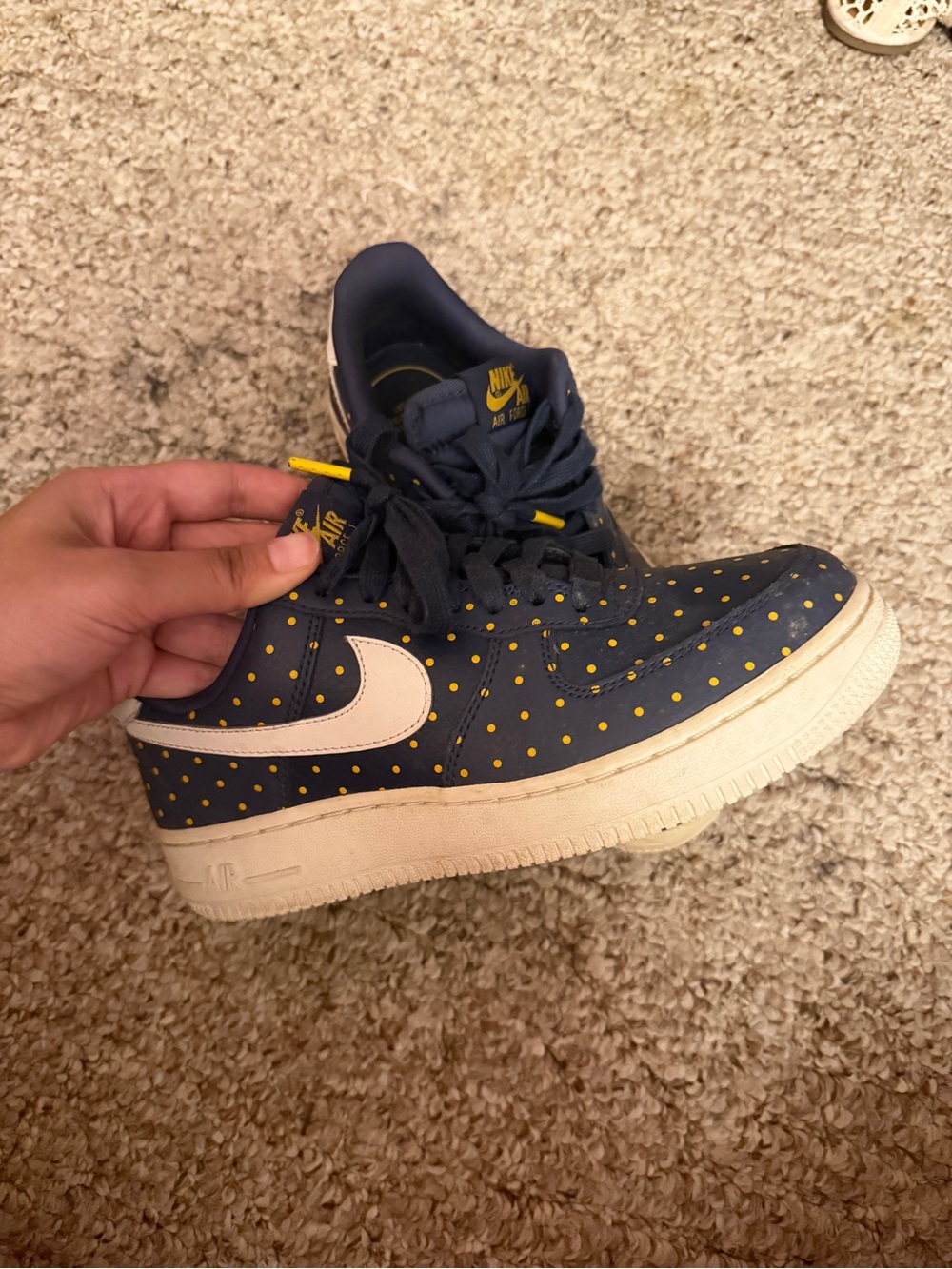 Nike Kids Navy Sneaker with Yellow Polka Dots and White Swoosh